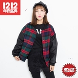 2015冬季新款韩版时尚格子毛呢夹棉加厚外套呢子夹克热销短款女装