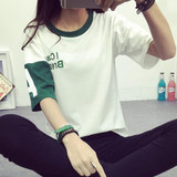 2016新款韩版拼色刺绣字母学生短袖T恤女宽松显瘦姐妹装半袖上衣