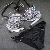 YY3 欧美夏季黑白格罩杯式裙摆式分体泳衣泳装 女士挂脖泳衣套装