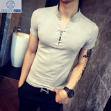 夏季中国风立领薄款短袖T恤男士休闲修身纯色体恤半袖打底衫上衣