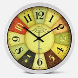 14英寸彩色地中海欧式挂钟复古时尚圆形时钟玻璃挂表金属电子钟表
