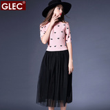 GLEC欧美大码女装 2016春装新款胖mm弹力针织拼接显瘦打底连衣裙