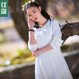 红念文艺范长袖宽松连衣裙夏季 2016春装新款白色长裙子大码女装