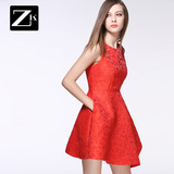 ZK提花气质收腰连衣裙时尚修身显瘦不规则裙品牌女装2016春装新款