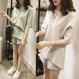 雪纺套装女夏2016新款韩版甜美V领短袖t恤上衣休闲短裤子两件套潮