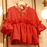 韩国代购红色五分短袖娃娃衫宽松显瘦木耳荷叶边收腰雪纺衫上衣女