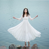 仙女白色雪纺镂空花边七分袖长款连衣裙修身显瘦气质飘逸大摆长裙
