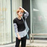 2016秋装新款韩版女装宽松圆领中长款条纹衬衫拼接假两件卫衣
