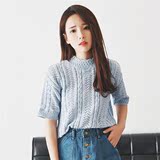2016春夏装韩国复古立领镂空宽松套头针织衫半高领纯色女士毛衣女