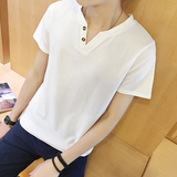 夏季潮流男装V领短袖T恤 男士韩版修身棉质体恤衫 青少年纯色衣服