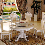 欧式大理石圆餐桌椅组合带转盘实木圆桌橡木雕花圆形餐厅家用饭桌