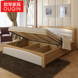 欧琴家具 全实木床北欧白蜡木1.8米双人床高箱储物真皮床实木床