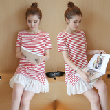 2016夏季新款女装韩版圆领纽扣荷叶边下摆宽松红白条纹短袖连衣裙