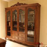美式乡村书柜 四门玻璃书柜 深色欧式书柜 古典实木书房家具