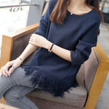 2015秋装新款韩版女装上衣宽松中长款套头流苏针织衫打底毛衣外套