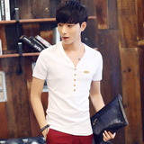 夏季男士v领短袖t恤韩版修身弹力纯棉鸡心领青年个性半袖男装潮流
