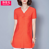 夏季新款韩版女装修身V领上衣打底小衫中长款t恤女短袖雪纺上衣潮