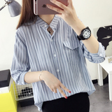 2016夏装新款韩版衬衫上衣学生七分袖条纹口袋衬衣简约女装打底衫