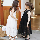 夏季女童连衣裙中大童黑色蕾丝中长款公主裙儿童纯棉白色网纱长裙