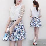 2016夏季新款韩版女装两件套连衣裙翻领裙套装短袖名媛蕾丝套裙女