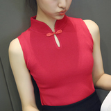 红惑2016韩版秋季新款女装针织衫旗袍领无袖套头打底衫毛衣