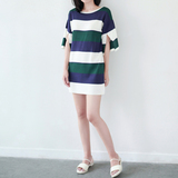 LILI|韩国 时尚撞色条纹开叉袖 H型直身针织OPS连衣裙 女