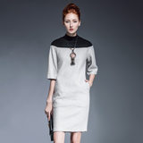 2015冬装新款高端复古中袖针织拼接修身中长款毛衣裙连衣裙OL裙