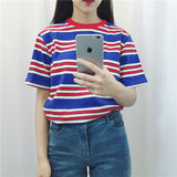 2016韩国夏装学院风复古彩色条纹宽松百搭撞色圆领棉质短袖T恤女