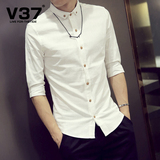 V37夏季男装男士短袖衬衫青年修身纯色衬衣韩版潮学生五分袖寸衫