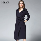 HZVZ欧美简约2016秋装新款品牌修身收腰显瘦系带中长款风衣外套女