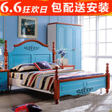 美式乡村儿童床地中海实木床橡木双人床欧式高箱储物床1.8米蓝色