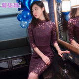 韩语琳空间春装新款女装2016韩版修身立领长袖两件套蕾丝连衣裙