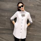 韩版中长款2015冬装新款白衬衣女 加厚保暖刺绣印花夹棉衬衫外套