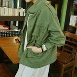 韩国代购2015新款原宿bf宽松工装女式风衣外套抽绳军绿色短款外套