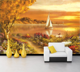 奢华金色油画 帆船 大海玄关壁纸壁画走廊过道墙纸装饰画  欧式