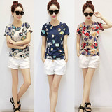 夏韩版女时尚短袖弹力棉t恤学院风个性印花体恤衫大码修身上衣潮
