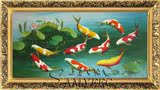 纯手绘油画办公室风水装饰挂画九条鱼锦鲤荷花九鱼图客厅年年有余
