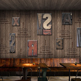 欧式复古3d木纹木板字母壁纸咖啡餐厅无缝墙纸蛋糕奶茶店工装壁画