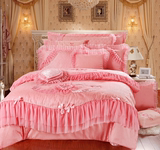 婚庆四件套粉色贡缎刺绣花六件套结婚礼床上用品床单结婚被罩床罩