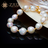 ZJUZ珍珠手链天然9mm-10mm异形淡水珍珠单圈手串女14K包金珠手链