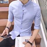 迈俊夏季韩版薄款修身男士纯色短袖衬衣潮男装刺绣白色七分袖衬衫