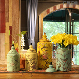 美式乡村工艺品手绘花鸟陶瓷罐摆件 家居装饰品样板房设计师摆设