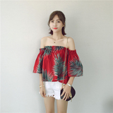 夏季新款韩版女露肩一字领棉麻衬衫度假风印花显瘦喇叭袖上衣+C89