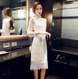 2016春季新款韩版立领长袖修身蕾丝连衣裙宴会洋装小香风裙子女装