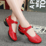 舞蹈鞋女广场舞鞋透气红色跳舞鞋真皮夏季健身鞋软底增高现代舞鞋