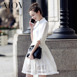 艾欧唯2016春夏新款时尚修身蕾丝镂空白色连衣裙中长款流苏A字裙