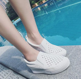 韩版夏季PU皮女鞋松糕厚底内增高高帮洞洞鞋镂空黑白色一脚蹬网鞋