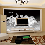 3D立体大型无缝UV壁纸壁画中式八骏图玉雕浮雕客厅电视背景墙纸