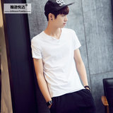 2016春夏季韩版修身男士V领短袖上衣服 男装T恤纯白色青春棉薄款