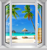 新款墙贴 假窗装饰贴 假窗贴 3D立体墙贴 大海 休闲 椰树沙滩